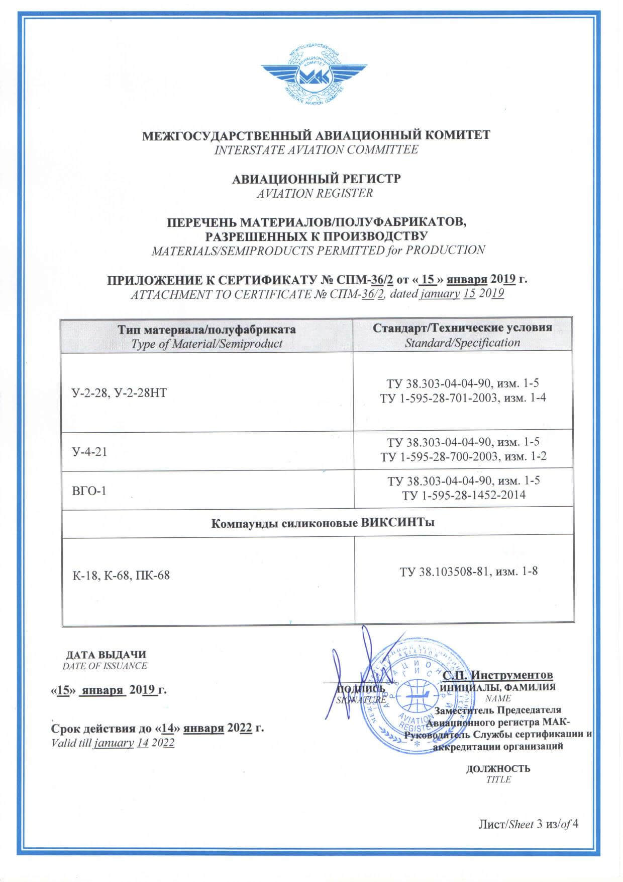 Сертификат на производство авиационных материалов